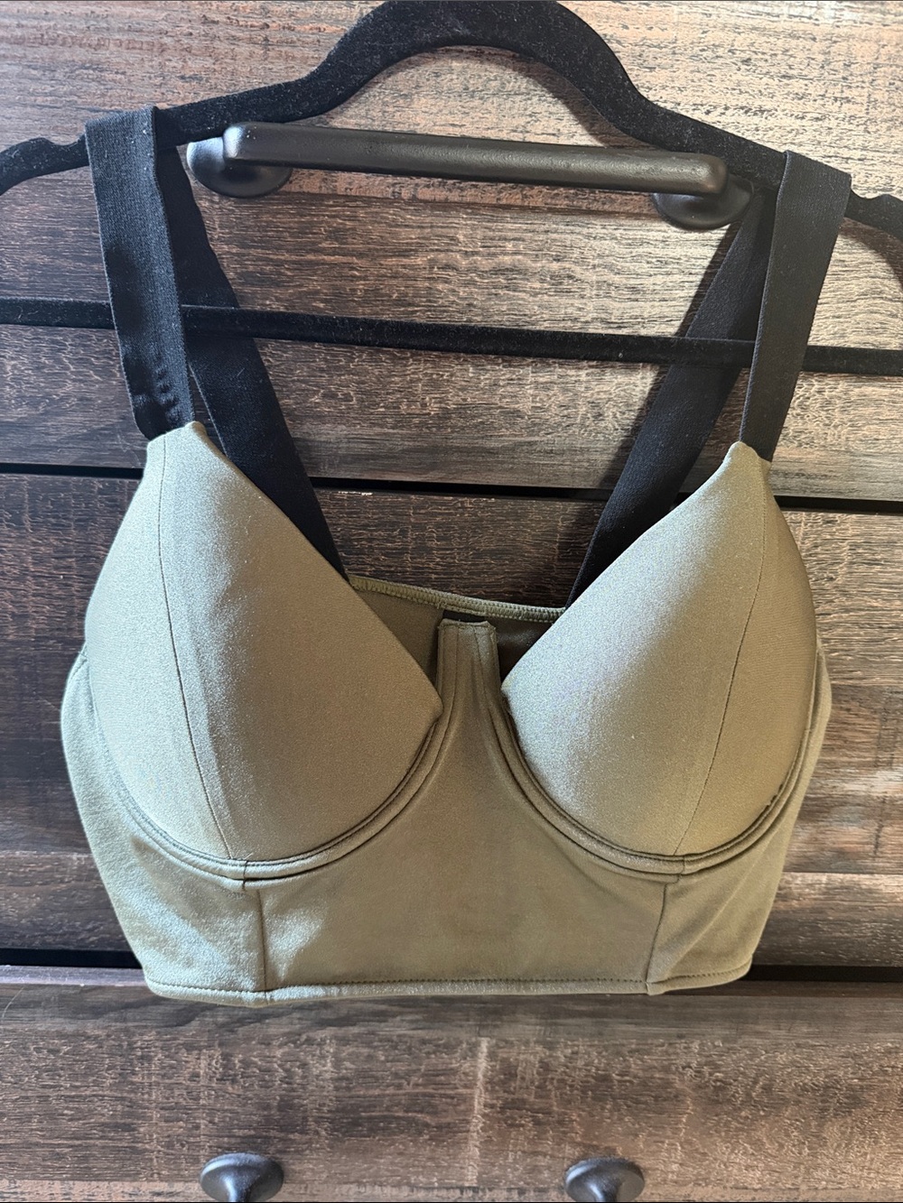 Windsor Matte Metallic Olive Green Longline Bralette Top with Black Straps